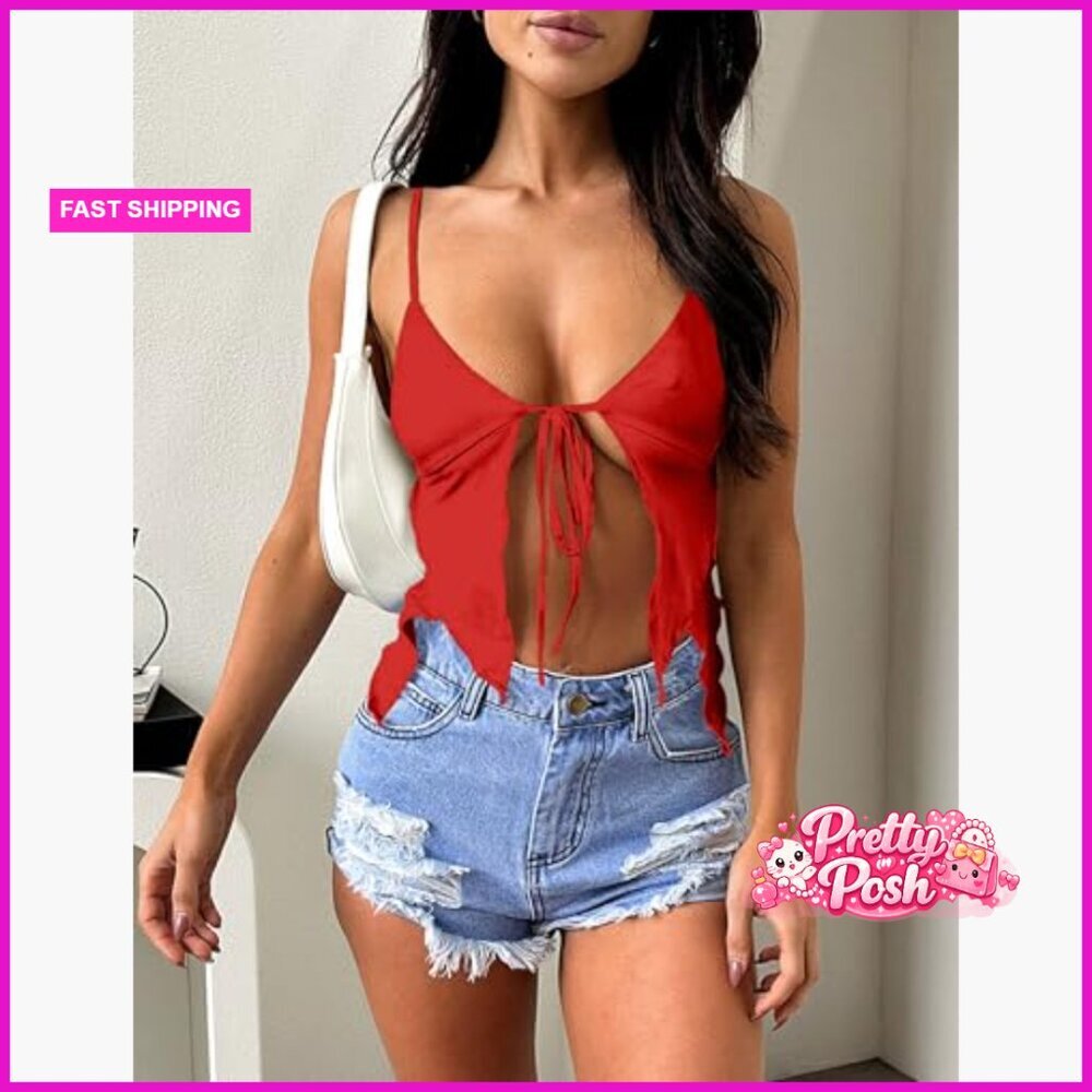 Sexy Deep V Neck Tie Front Backless Spaghetti Strap Cami Crop Top - Picture 6 of 7